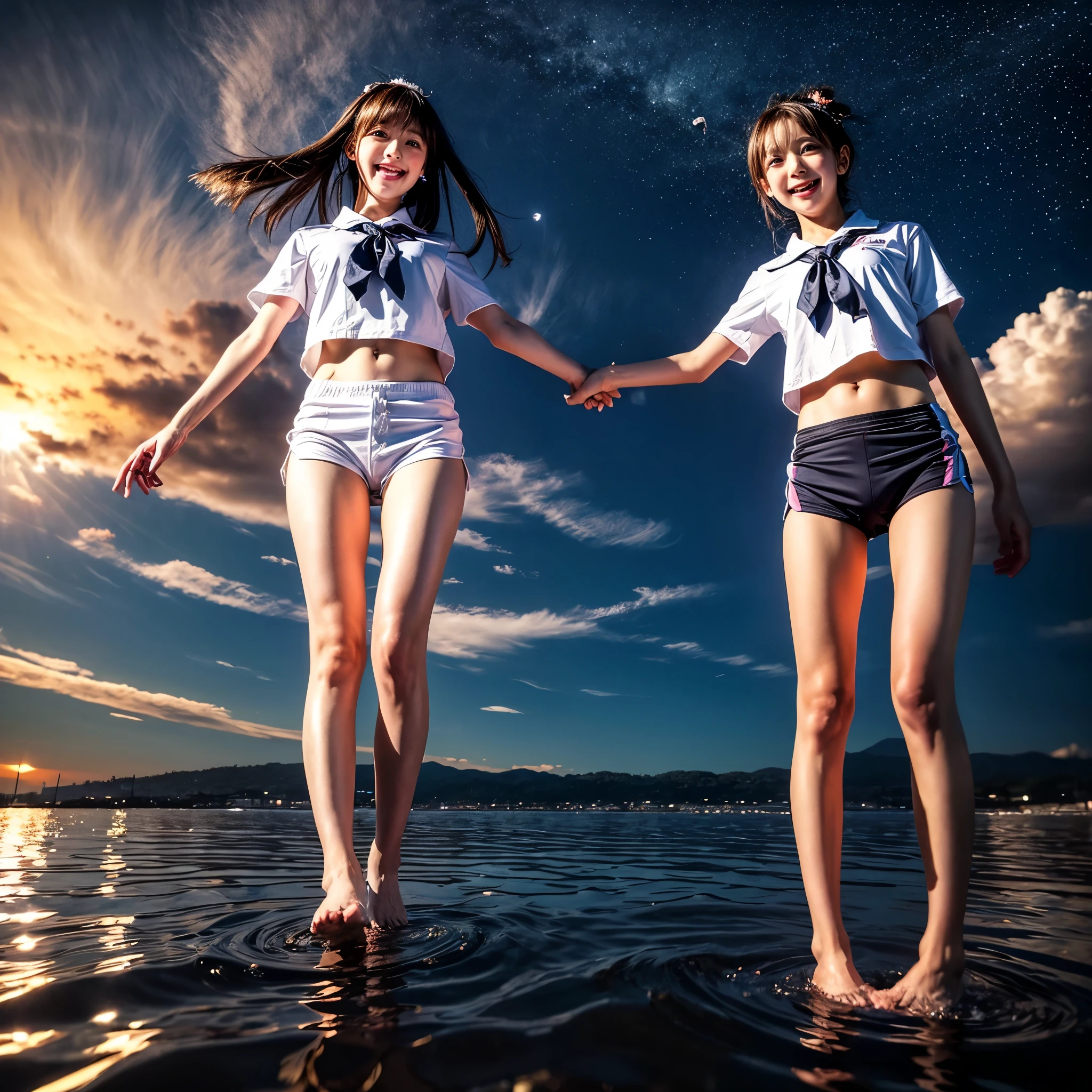 ((ExtremelyDetailed ( KAWAII Girl Floating:1.37) in WHITE at Dusk Enoshima Beach)), (masterpiece 8K TopQuality) (ProfessionalPhoto:1.37), {(Standing Full Body:1.2)|(from below:1.2)}, Different types of hair colors, {(White skinny(School Swimwear))|(SchoolUniform with WhiteSkinny LowRise shorts)}, {Detailed Childish hand|Hidden hand|Armpit|Different types of breasts of various sizes from HUGE to FLAT|(Clearly Visible the shape of Butt)}, Joyful Expressions LifeLike Rendering, PerfectLighting, Dazzling Horizon, (Starry IridescentParticles) ColorfulClouds