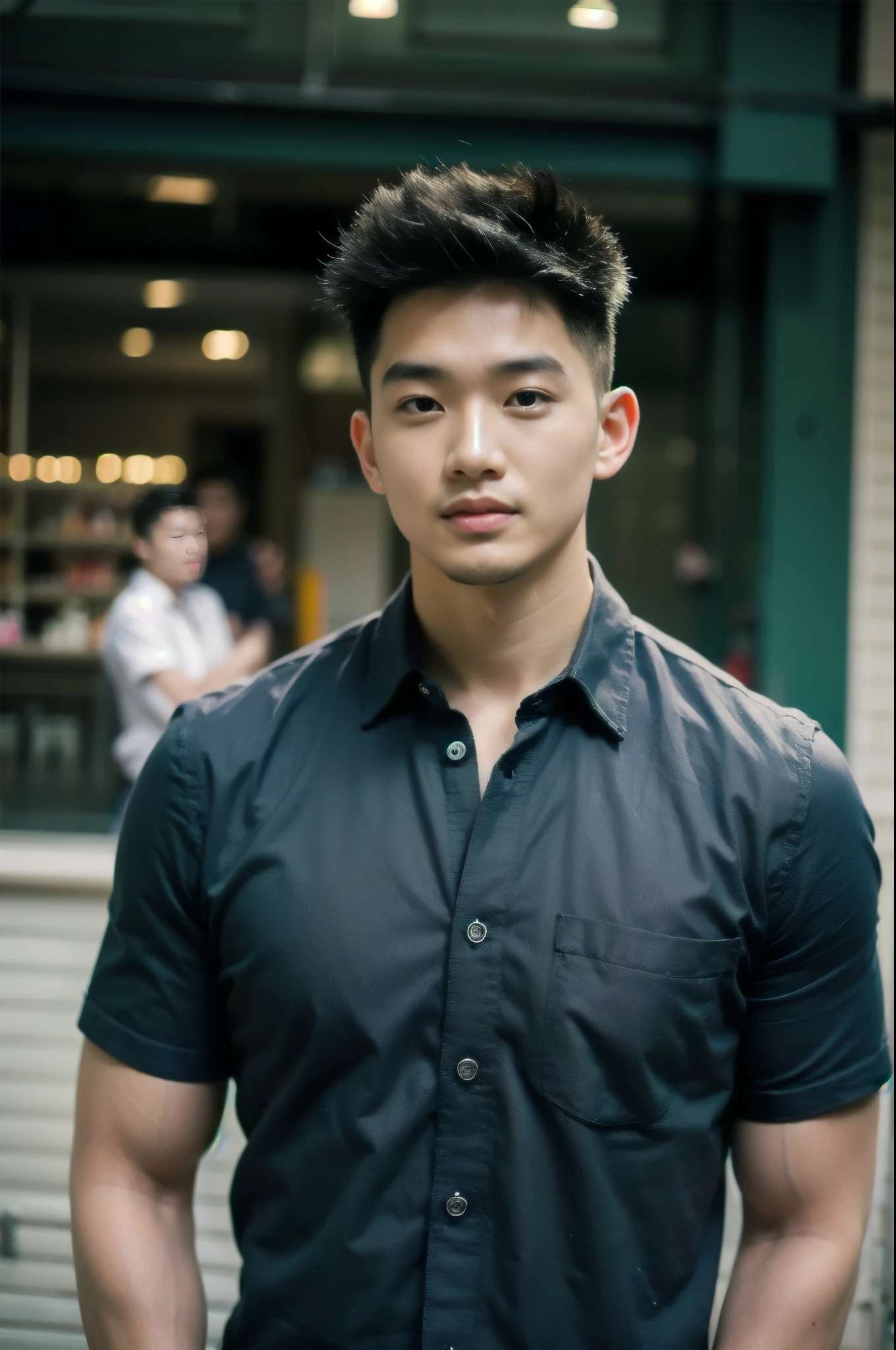 A young Asian man with large muscles looks at the camera. In a black button-down shirt , Department store normal lighting