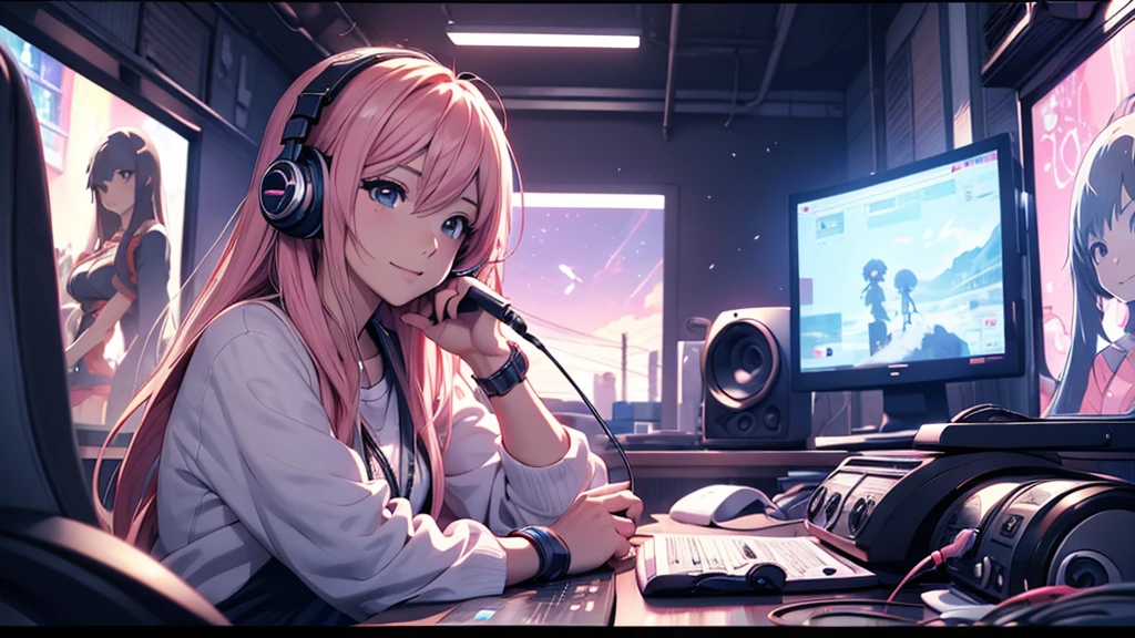 Woman wearing headphones, Anime Style 4 k, anime wallpaper 4k, anime wallpaper 4k, 4k anime wallpaper, anime art wallpaper 4k, anime art wallpaper 4k, Anime Style. 8K, Anime atmosphere, , Ultra HD Anime Wallpaper, Anime Art Wallpaper 8K, Anime Background,landscape、room、radio、radio、radioを聴いている、night