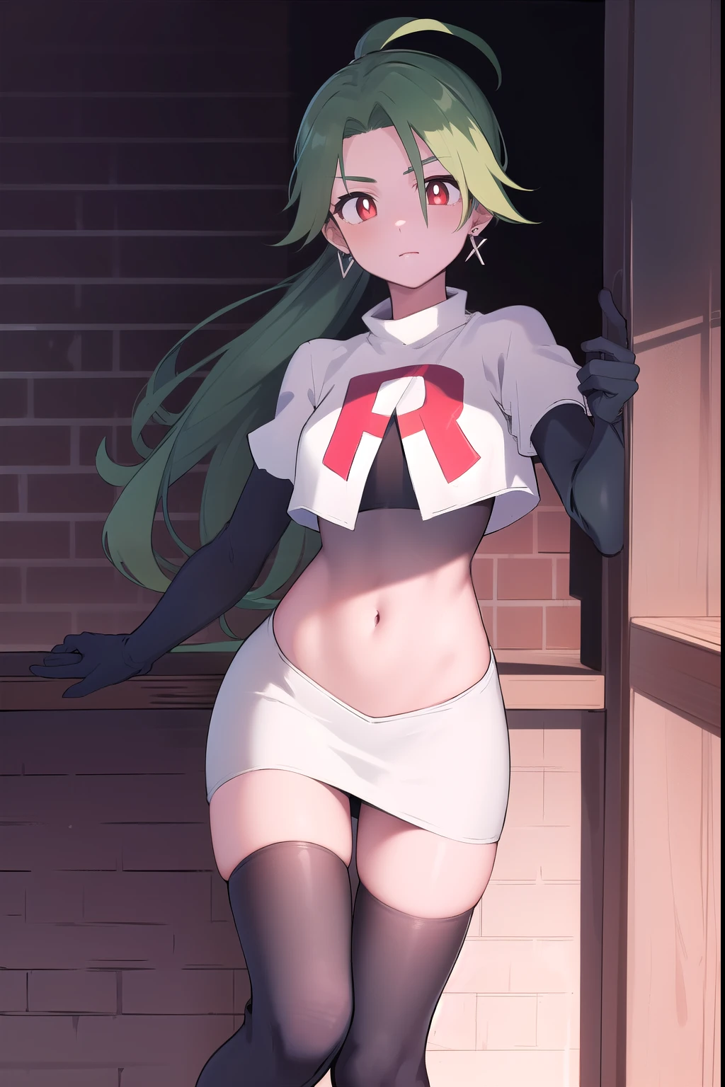 absurdres, best quality, 1girl, solo, eye focus, looking at viewer,  rika, ahoge, ponytail, bright pupils, white pupils, earrings, green hair, red eyes, bright pupils, team rocket,team rocket uniform,white skirt,red letter R,crop top,black thigh-highs,black elbow gloves