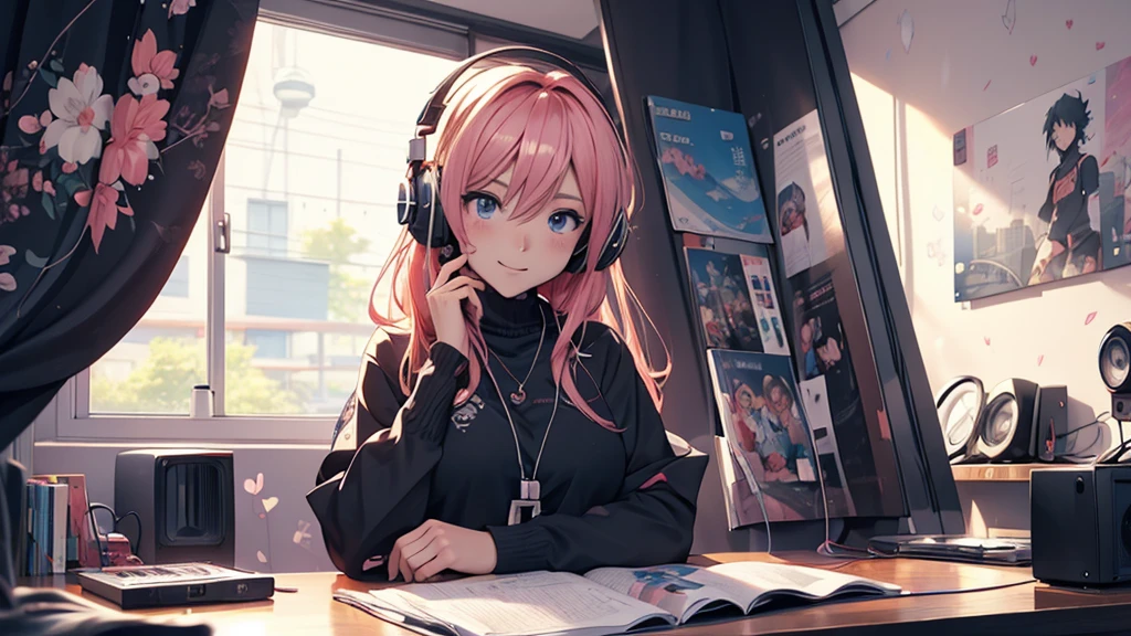 Woman wearing headphones, Anime Style 4 k, anime wallpaper 4k, anime wallpaper 4k, 4k anime wallpaper, anime art wallpaper 4k, anime art wallpaper 4k, Anime Style. 8K, Anime atmosphere, , Ultra HD Anime Wallpaper, Anime Art Wallpaper 8K, Anime Background,landscape、room、radio、radio、radioを聴いている、night