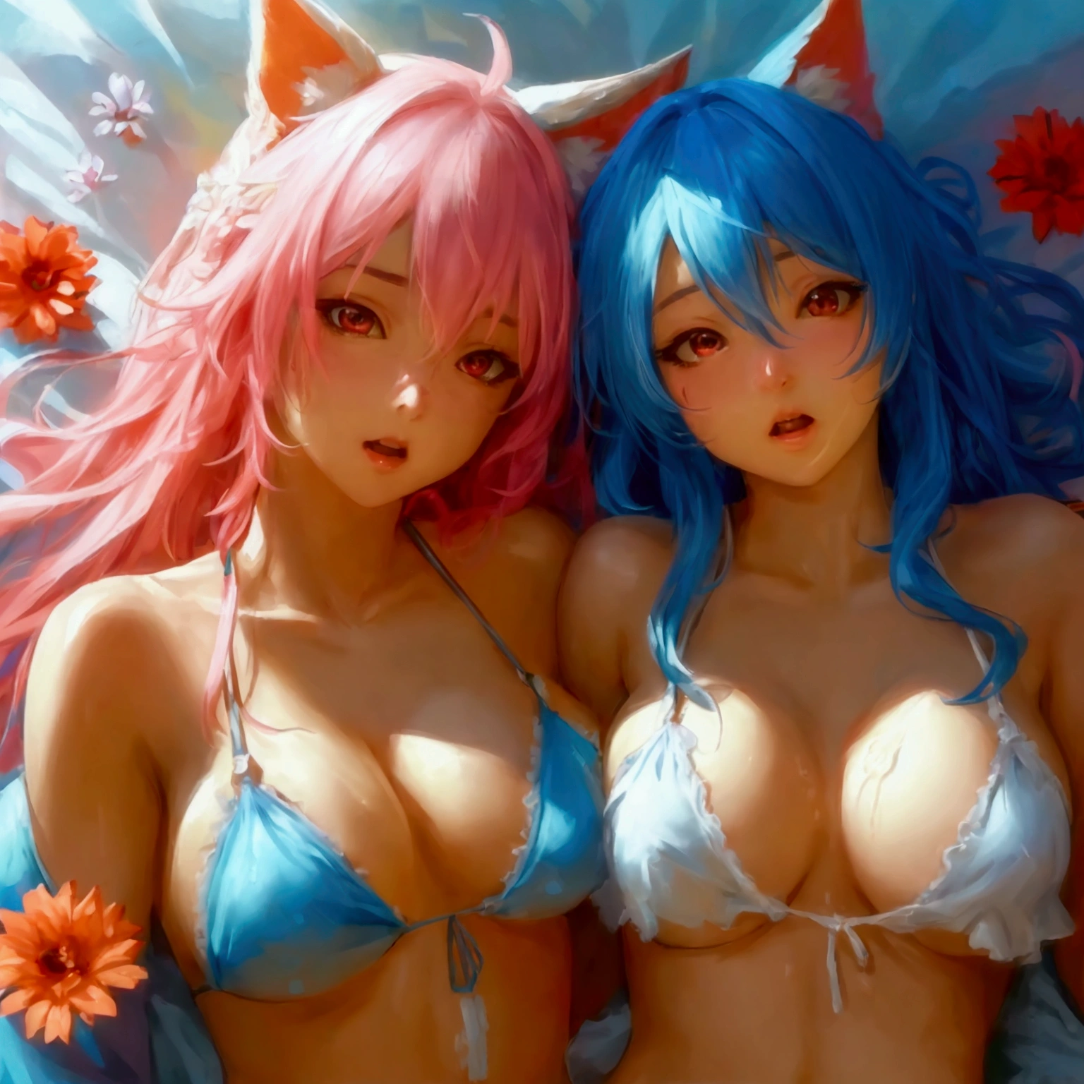 futanari, solo, hands on thighs, long hair, penis, nsfw, cum, girl, oil painting style, 2.5d, two colours hair, half pink half blue hair, teasing, laying, throbbing cock, flowers bikini top, bottomless 