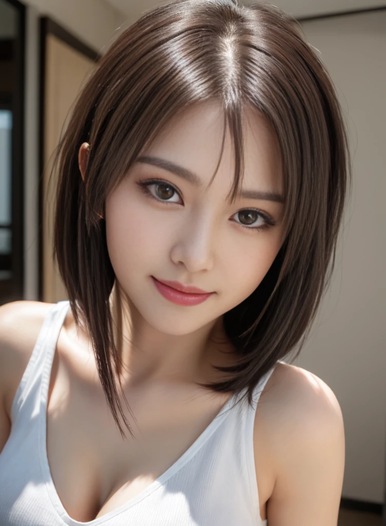 Top quality, ultra-high resolution, (photorealistic: 1.4), beautiful eyes, super beautiful, short hair, beautiful breasts, lover, t-shirt with rough chest, eyes inviting viewer, lover's eyes, inviting facial expressions, sexy smile, perfect style, perfect balance, detailed skin, naughty eyes, chest visible, beautiful detailed eyes, beautifully detailed lips, extremely detailed eyes and face, long eyelashes, 1 girl, photo-realistic:1.37, realistic, photorealistic, masterpiece:1.2, best quality, 8k, ultra-detailed, vivid colors, physically-based rendering, sharp focus, professional, portrait, beautiful girl, short hair, sexy, seductive expression, perfect figure, detailed skin, flirty eyes, low-cut shirt, alluring gaze