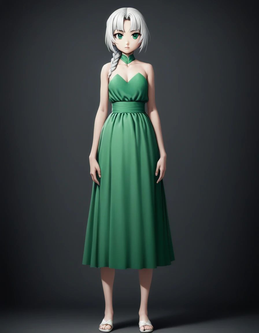 Simple Background, Dark vignette on edges, Highest quality, double eyelid, Brightens the skin, Realistic clothing texture, Perfect face and body. Gorgeous white-haired woman in a green strapless dress, Sexy green dress with deep neckline,Thick legs and slim waist,Braid, Beautiful green eyes Sexy green dress,Are standing,************