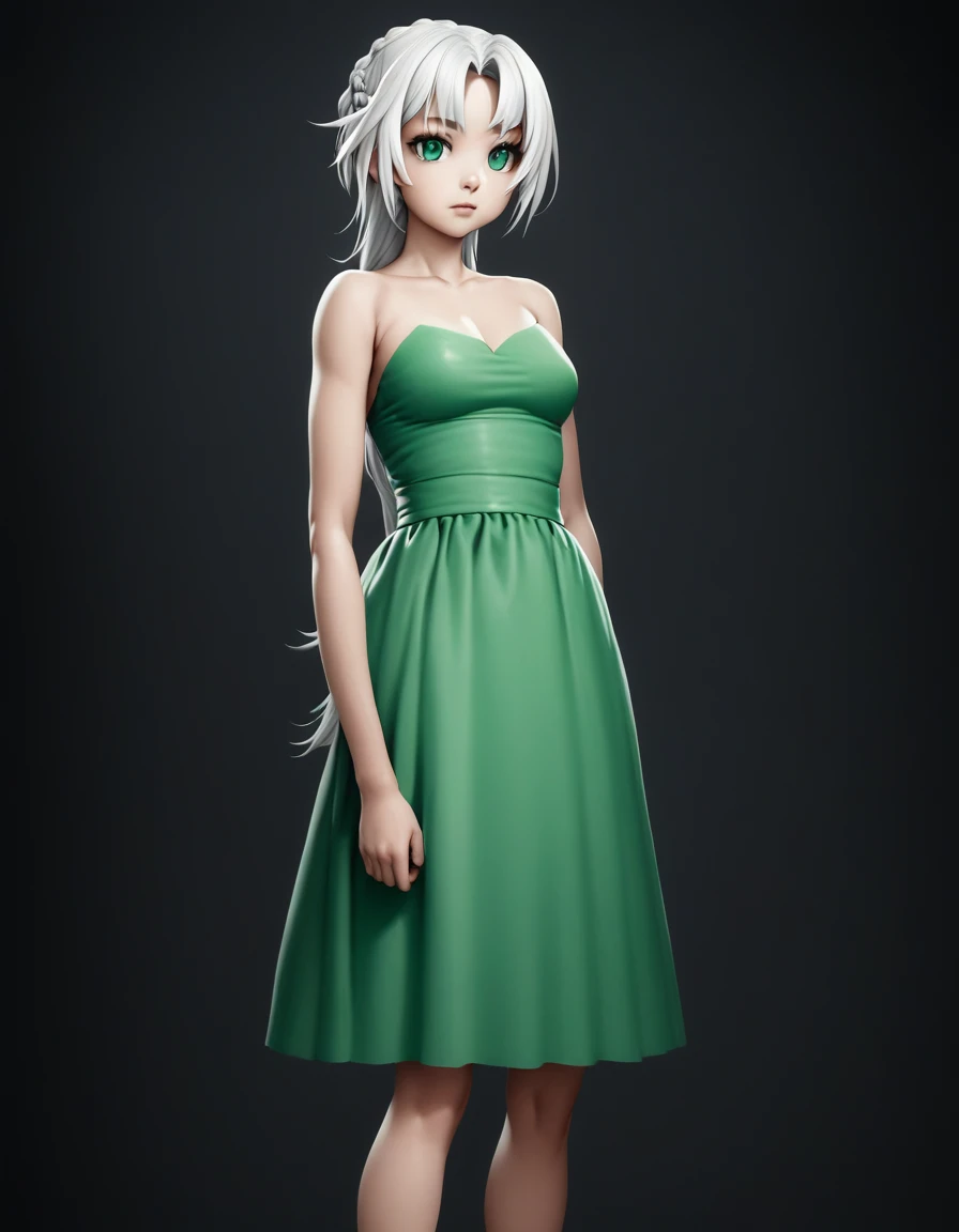 Simple Background, Dark vignette on edges, Highest quality, double eyelid, Brightens the skin, Realistic clothing texture, Perfect face and body. Gorgeous white-haired woman in a green strapless dress, Sexy green dress with deep neckline,Thick legs and slim waist,Braid, Beautiful green eyes Sexy green dress,Are standing,