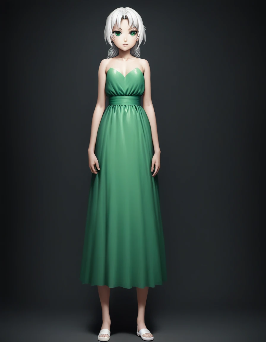 Simple Background, Dark vignette on edges, Highest quality, double eyelid, Brightens the skin, Realistic clothing texture, Perfect face and body. Gorgeous white-haired woman in a green strapless dress, Sexy green dress with deep neckline,Thick legs and slim waist,Braid, Beautiful green eyes Sexy green dress,Are standing,12 years old