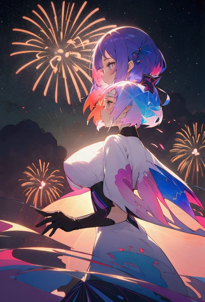 Anime girl's silhouette in yukata features vivid and fantastic fireworks, colorful geometric patterns and double exposure to the universe, fantastic contemporary art, digital illustrations, ultra-precision illustrations, high definition, dynamic angles, beautiful details, 8k,