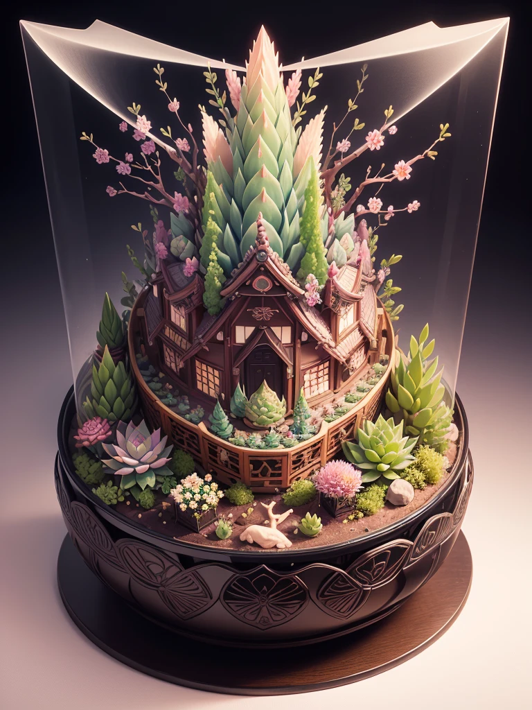 Japanese bento cake with various echeverias, full body, distant shot, wide view, pastel coloured, intricate shapes, bizarre splendid masterpiece, transparent, translucent, vector graphics, high definition, high quality, high resolution, high detailisation, intricate details, bohemian, dark botanical, dark fantasy, professional photo