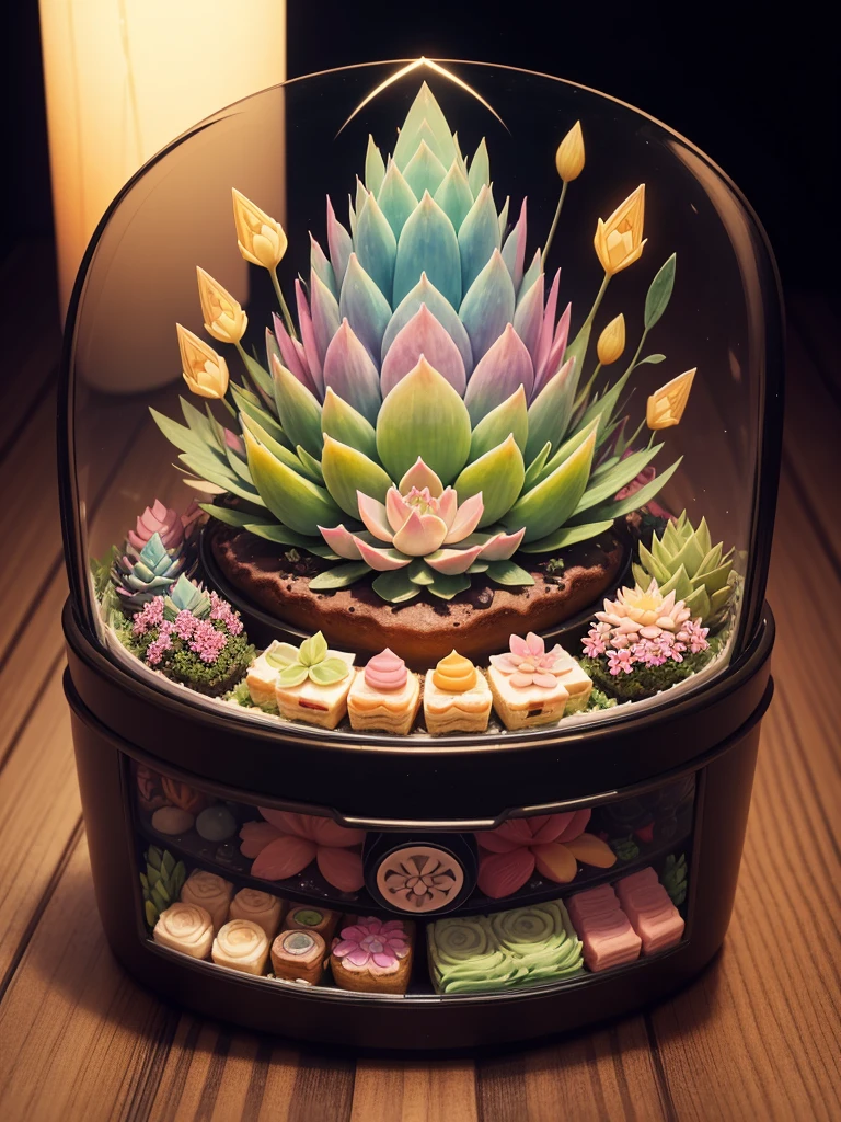 Japanese bento cake with various echeverias, full body, distant shot, wide view, pastel coloured, intricate shapes, bizarre splendid masterpiece, transparent, translucent, vector graphics, high definition, high quality, high resolution, high detailisation, intricate details, bohemian, dark botanical, dark fantasy, professional photo