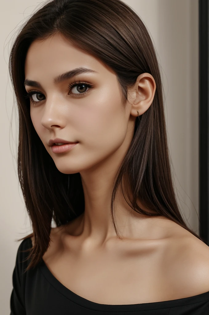 Woman shoulder length brown hair, big gray eyes, thin, upturned nose, small mouth and thin, thin lips , slim body with neckline and black shirt