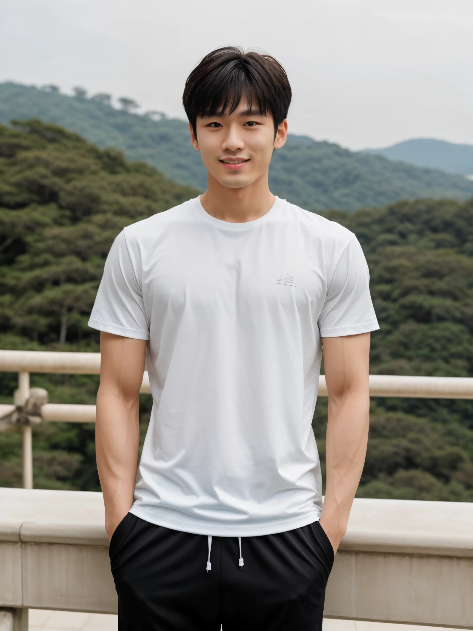 独奏: 1.5, (As a matter of fact, Masterpiece, 8k HD, good light quality, sportswear, fit the face, complicated details), A handsome Korean young man with muscular arms. , 20 years old, be happy, smile brightly, detailed face, delicate eyes, look at the sky, Wear a tight white t-shirt.:1.6, Long pants, period, black eyes, Black hair color, ผมsmooth, smooth,Surreal,Awesome details,Highest quality,real,Open your mouth to talk. , Close your eyes.,standing in department store