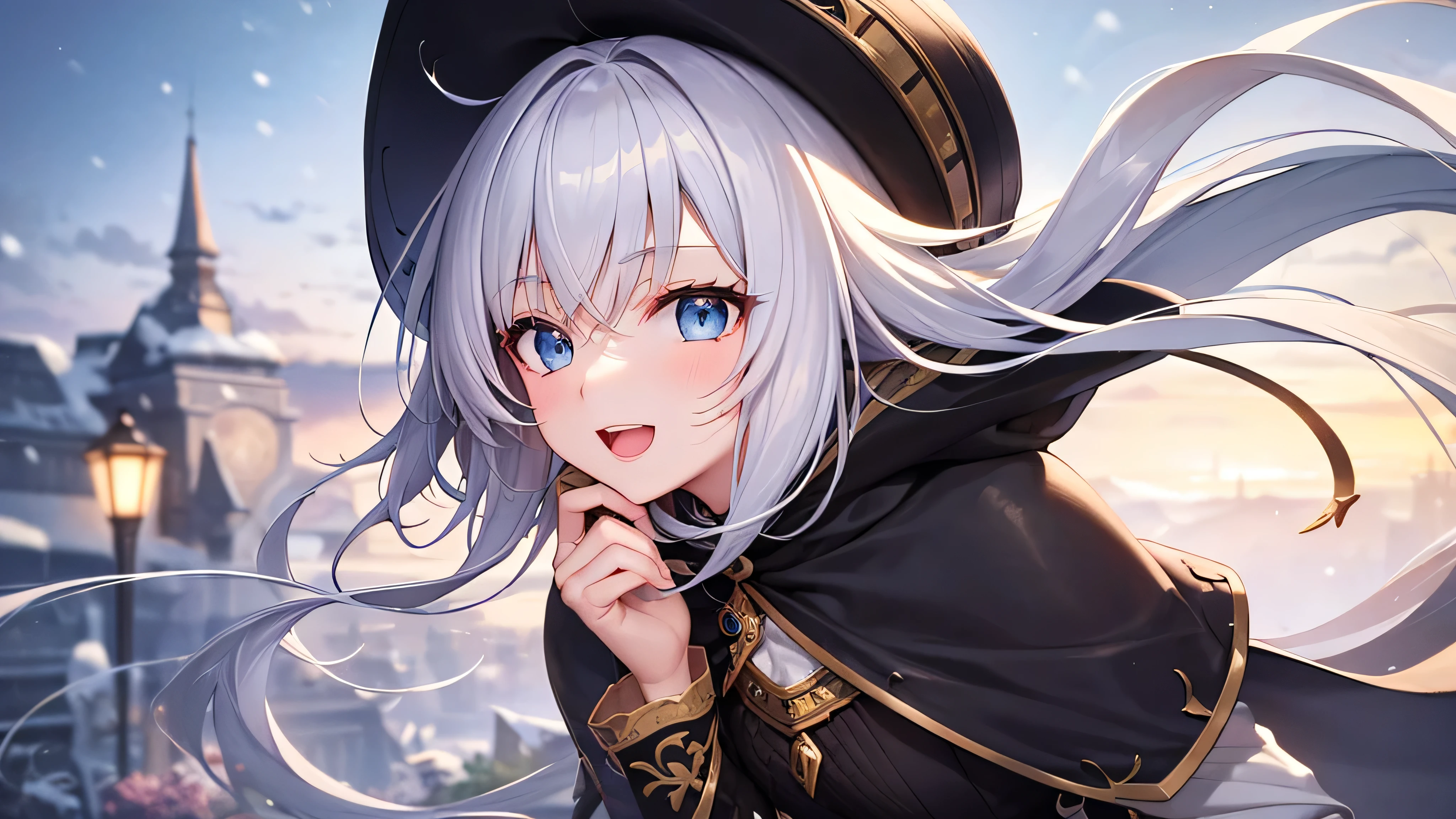 super high quality, with a girl, 20-year-old, very short hair, long bangs between the eyes, pale blue eyes , blue sky, sunlight, very detailed,(masterpiece、highest quality)、alone、gray hair、laughter、White skin as clear as snow、fantasy, silver hair, black eye, beautiful eyes,, ecstasy, charm, be smitten with audience, Fantasy landscape、evening