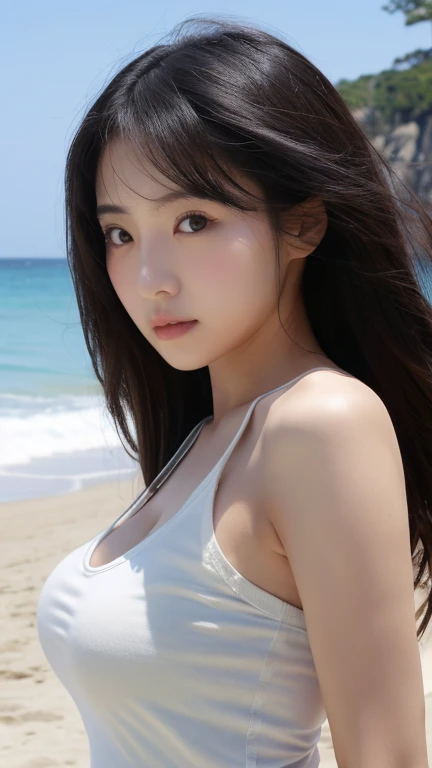 high resolution、Japanese women、beautiful、Beautiful woman、Woman in her 20s、Long Hair、Small Face、Ocean、beach、beautiful、Big Breasts、Realistic black tank top
