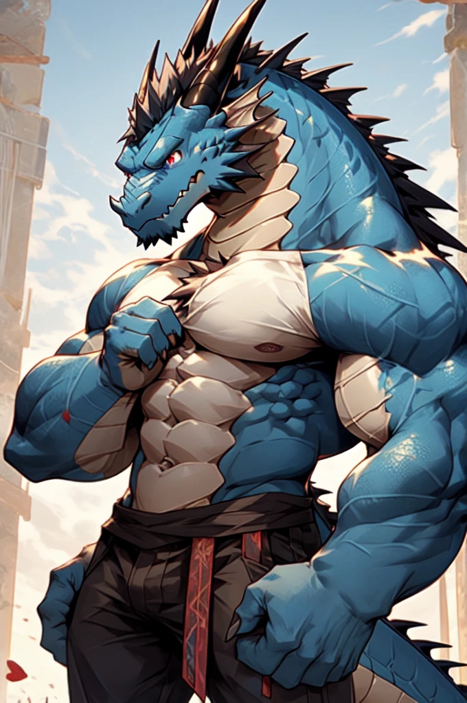 ,hairy,anthropology,Beast field,(dragon:1.1),Gentle trumpet,(dragon tail:1.2),Blue body,Red eyes,upright,tall,Strong body,Eight-pack abs,Gentle expression