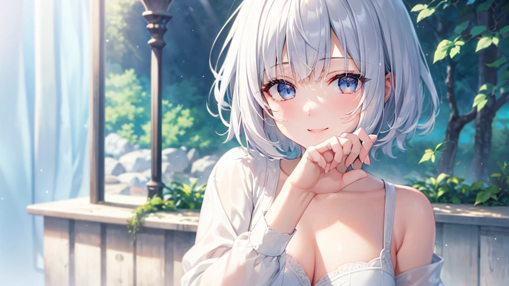 Ultra HD,Look at the viewers, Put your hands behind your back, With a girl, 20-year-old, 非常にShort Hair, Long bangs between the eyes, Pale blue eyes, Very detailed,(masterpiece、Highest quality),Gray Hair、Laughter、Fantastic, Silver Hair, Iris, Short hair、 Fluttering Hair、Small Face、明るいsmile、(Detailed face) ,Professional Lighting,Wonderful landscape,blue sky, sunlight,Looking down from above,Portraiture、Open your mouth、Flower Field、Her eyes were shining、Mysterious and enchanting atmosphere。With AI Painting、とてもShort Hair, Long bangs between the eyes, Very detailed,(masterpiece、Highest quality)、alone、Gray Hair、Fantasy, Silver Hair, Fantasyな風景、smile、Open your mouth、short hair、Short Hair、hairpin、black eye、Grey Eyes、Beautiful Eyes、White shirt、Jacket、I can see the neck、The clavicle is visible