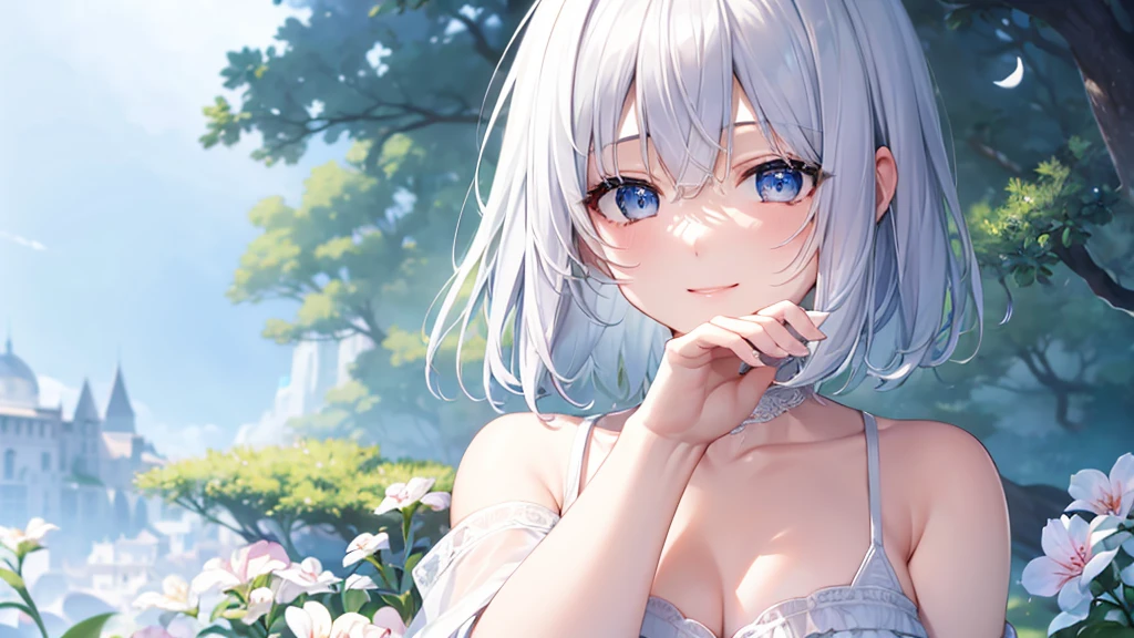 Ultra HD,Look at the viewers, Put your hands behind your back, With a girl, 20-year-old, 非常にShort Hair, Long bangs between the eyes, Pale blue eyes, Very detailed,(masterpiece、Highest quality),Gray Hair、Laughter、Fantastic, Silver Hair, Iris, Short hair、 Fluttering Hair、Small Face、明るいsmile、(Detailed face) ,Professional Lighting,Wonderful landscape,blue sky, sunlight,Looking down from above,Portraiture、Open your mouth、Flower Field、Her eyes were shining、Mysterious and enchanting atmosphere。With AI Painting、とてもShort Hair, Long bangs between the eyes, Very detailed,(masterpiece、Highest quality)、alone、Gray Hair、Fantasy, Silver Hair, Fantasyな風景、smile、Open your mouth、short hair、Short Hair、hairpin、black eye、Grey Eyes、Beautiful Eyes、White shirt、Jacket、I can see the neck、The clavicle is visible