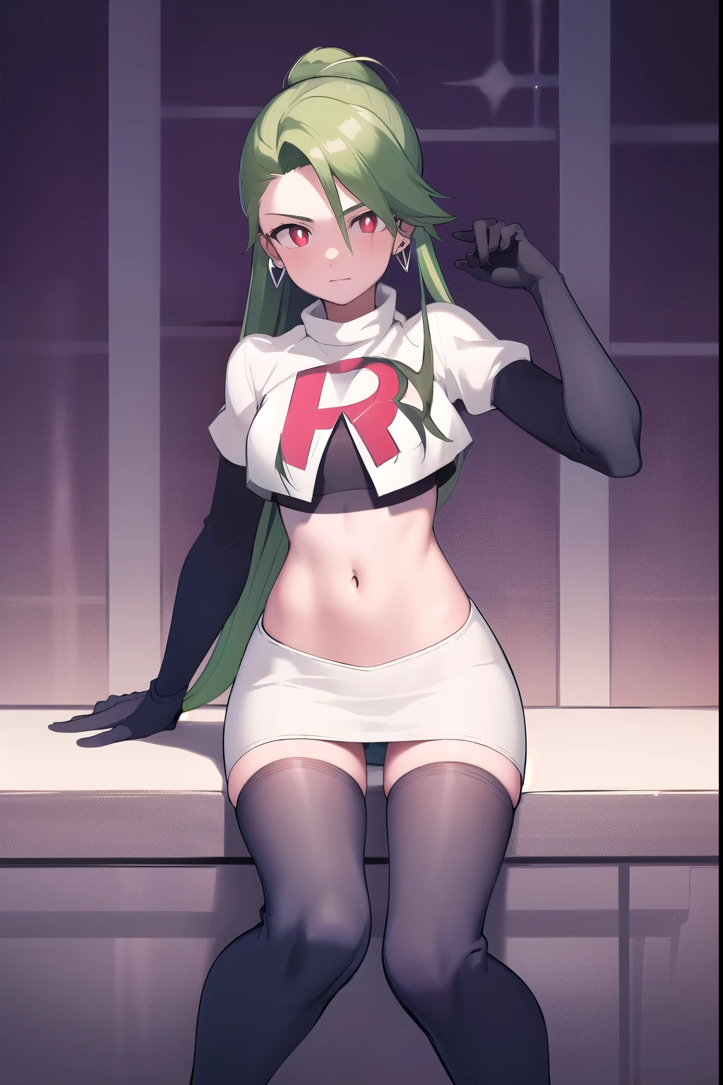 absurdres, best quality, 1girl, solo, eye focus, looking at viewer,  rika, ahoge, ponytail, bright pupils, white pupils, earrings, green hair, red eyes, bright pupils, team rocket,team rocket uniform,white skirt,red letter R,crop top,black thigh-highs,black elbow gloves