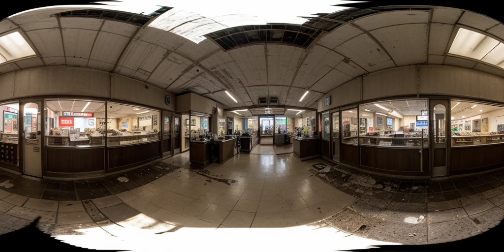 Equirectangular 360-degree panorama view photo with left and right ends seamlessly connected. dark, Dilapidated shopping center
