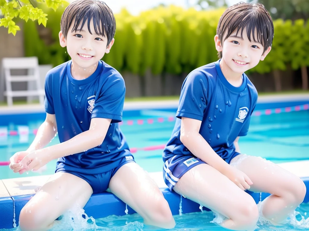 hot summer、、Summer swimming pool、Have fun、Get wet all over、Japan Boy、Glowing water splashes、Pool lessons、Boy playing in water、The happy boys、Strong sunlight、Short sleeve gym uniform、Blue shorts、barefoot,Boys only 、10age、high resolution、masterpiece