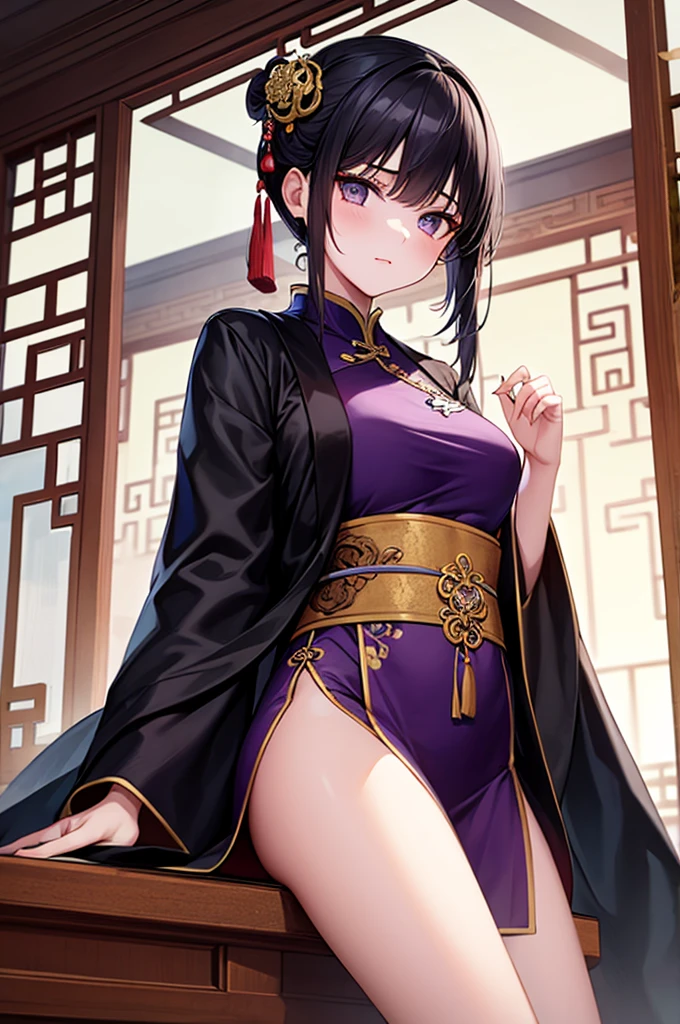 girl, Wearing purple and black robes, Located in a Chinese-style building