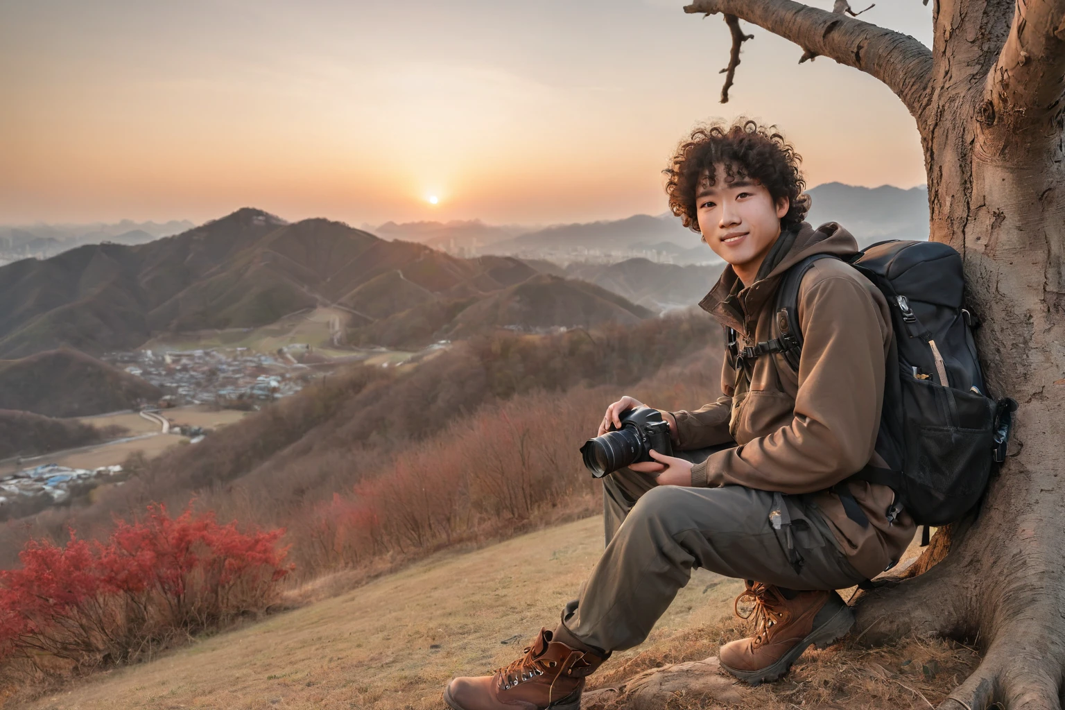 An eye-catching outdoor photograph of a Korean man with curly hair in full gear, sitting and leaning under a dead tree with a camera and backpack, boots in view. His back to a mesmerizing sunset on a hill, looking at the camera with a sweet smile. The background shows a vivid sunset with a mix of warm colors, rugged hillside. Travel photography, nature photography, golden hour lighting, hd quality, clear details, vibrant hues, balanced light, realistic textures, Fujifilm, F/9 aperture, 1/180 sec shutter speed --ar 16:9 --v 6.0 