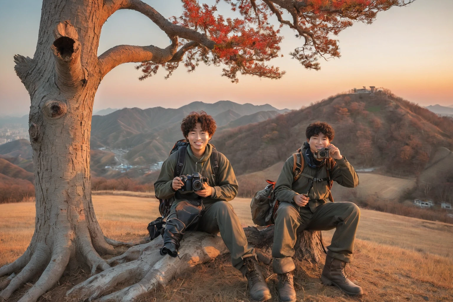 An eye-catching outdoor photograph of a Korean man with curly hair in full gear, sitting and leaning under a dead tree with a camera and backpack, boots in view. His back to a mesmerizing sunset on a hill, looking at the camera with a sweet smile. The background shows a vivid sunset with a mix of warm colors, rugged hillside. Travel photography, nature photography, golden hour lighting, hd quality, clear details, vibrant hues, balanced light, realistic textures, Fujifilm, F/9 aperture, 1/180 sec shutter speed --ar 16:9 --v 6.0 