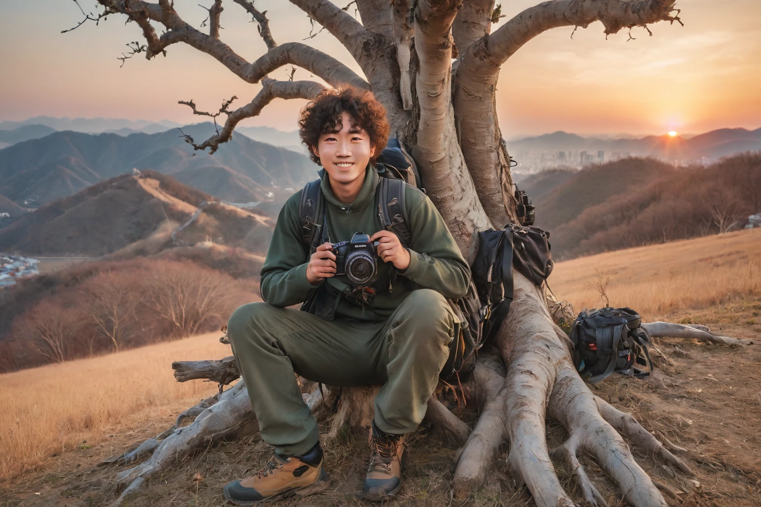 An eye-catching outdoor photograph of a Korean man with curly hair in full gear, sitting and leaning under a dead tree with a camera and backpack, boots in view. His back to a mesmerizing sunset on a hill, looking at the camera with a sweet smile. The background shows a vivid sunset with a mix of warm colors, rugged hillside. Travel photography, nature photography, golden hour lighting, hd quality, clear details, vibrant hues, balanced light, realistic textures, Fujifilm, F/9 aperture, 1/180 sec shutter speed --ar 16:9 --v 6.0 