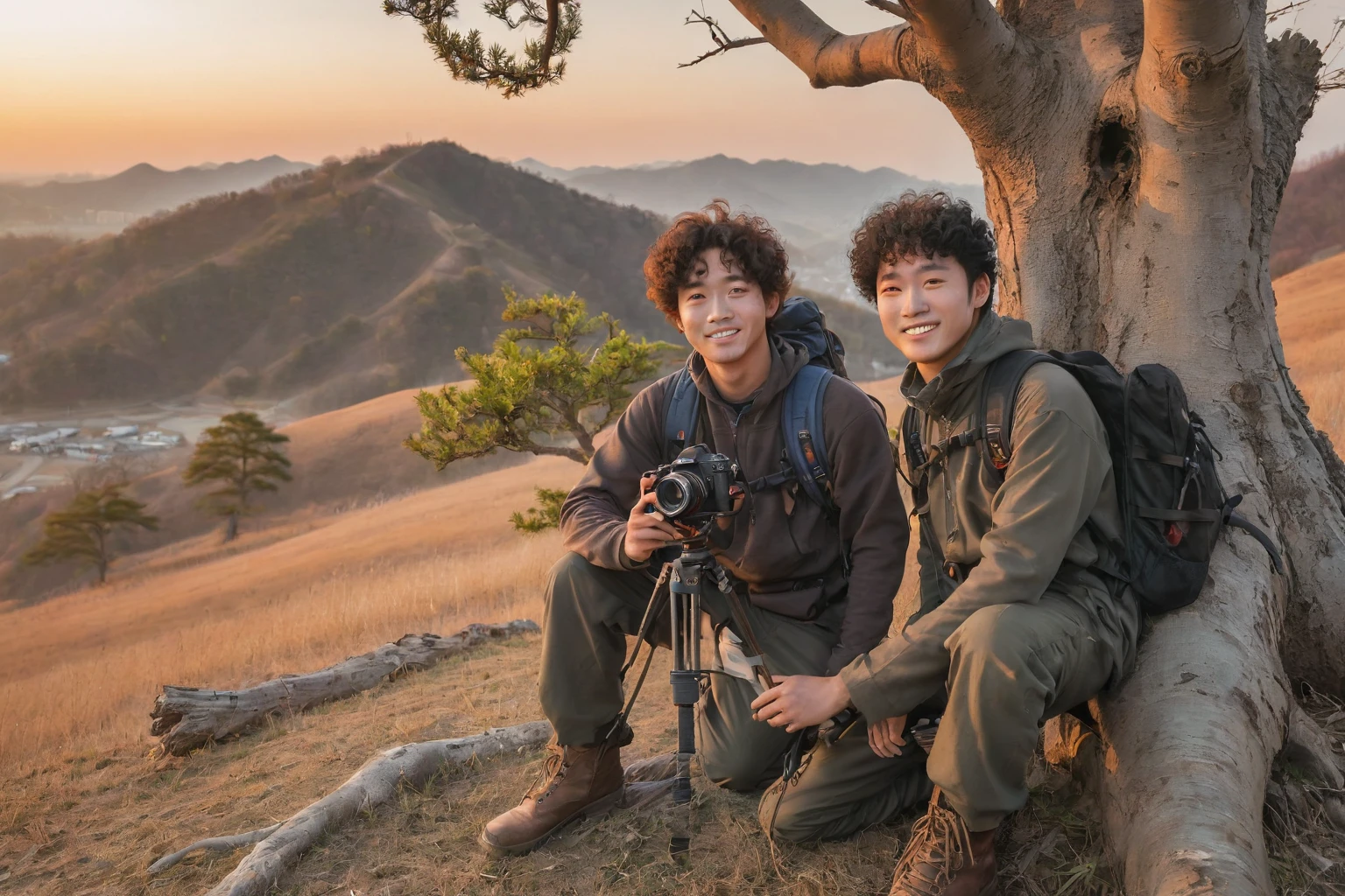 An eye-catching outdoor photograph of a Korean man with curly hair in full gear, sitting and leaning under a dead tree with a camera and backpack, boots in view. His back to a mesmerizing sunset on a hill, looking at the camera with a sweet smile. The background shows a vivid sunset with a mix of warm colors, rugged hillside. Travel photography, nature photography, golden hour lighting, hd quality, clear details, vibrant hues, balanced light, realistic textures, Fujifilm, F/9 aperture, 1/180 sec shutter speed --ar 16:9 --v 6.0 