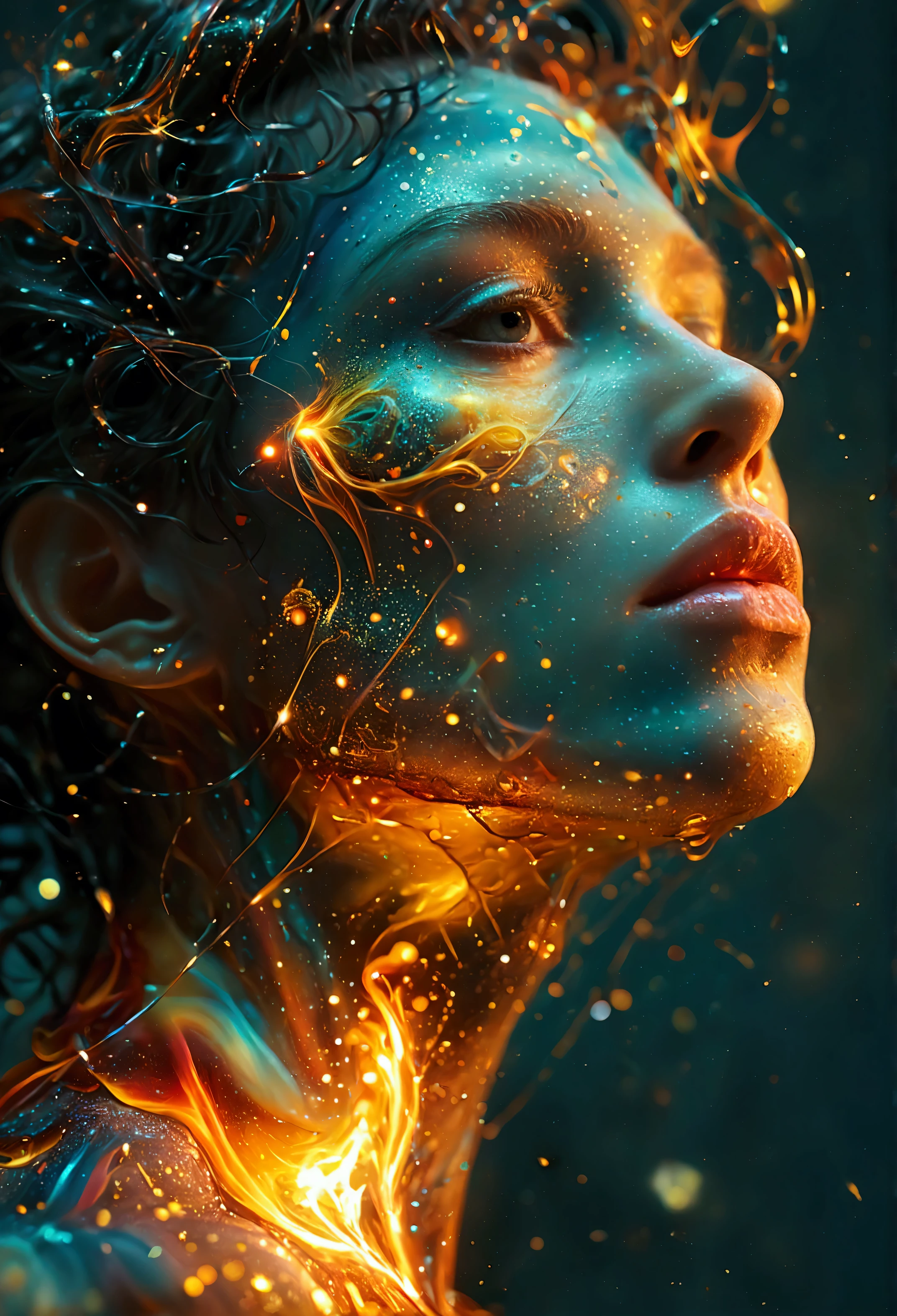 (The human body melts into particles of light:1.4), Grains of light stretching across the screen, Colorful particles、Farbe々なFarbeの星の背景、diego gisbert lawrence、Joe San Gonzalez Dan Mumford、Picture book illustrations, nebula、vague、superwide shot、Highest quality、Ultra-detailed、Intensive、Golden ratio composition、