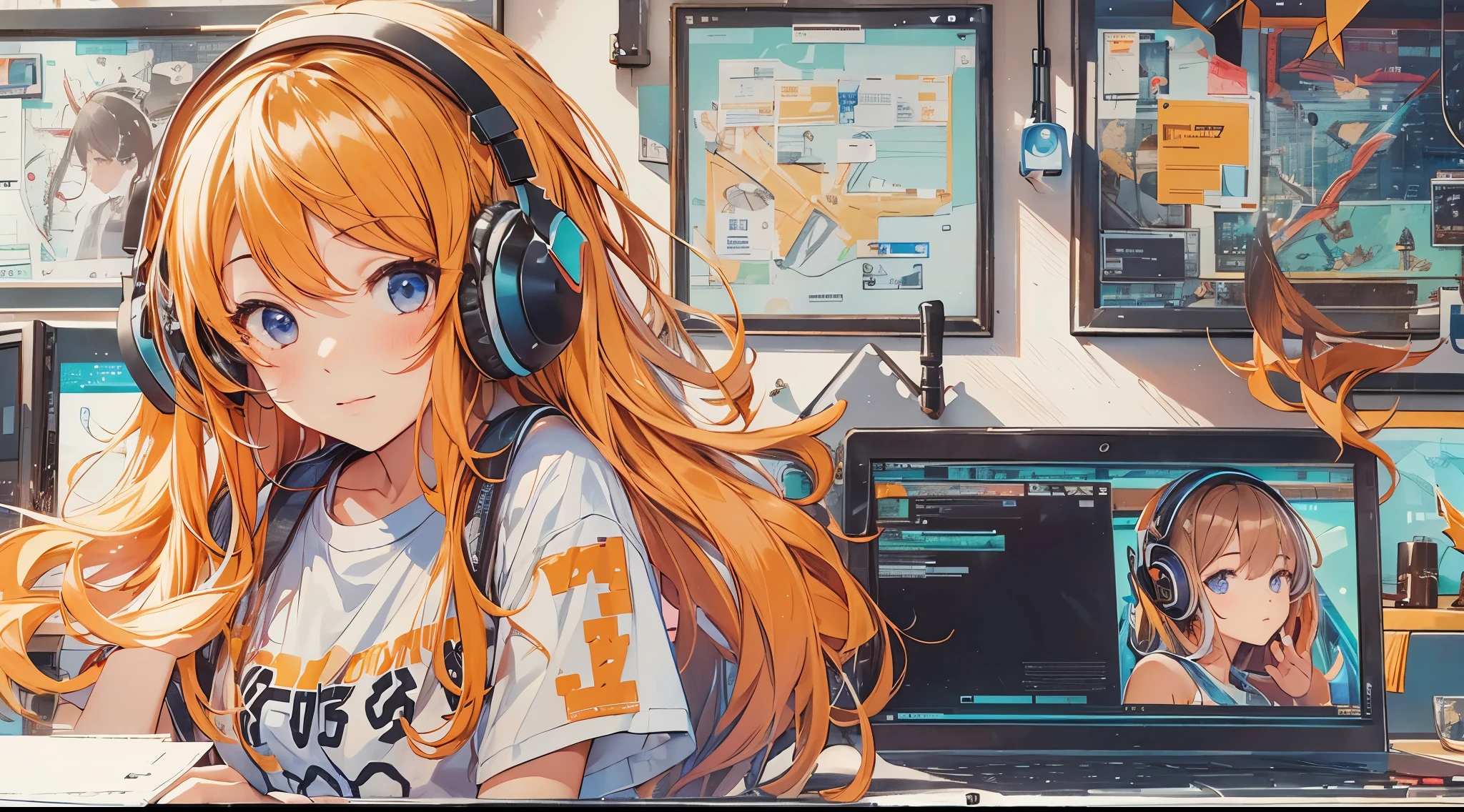 high resolution、One Girl、Wearing headphones、Logo T-shirt and hot pants、In the girl&#39;s room、Studying on a computer、Large monitor、Vibrant colors、Vivid Color、Warm shades、Full body images、Orange long hair、