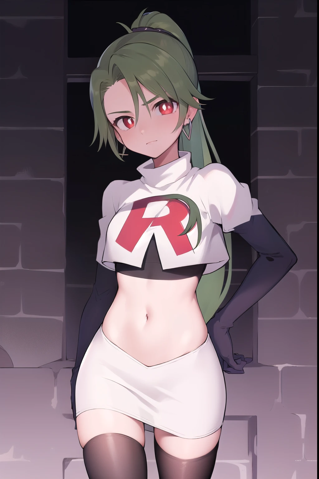 absurdres, best quality, 1girl, solo, eye focus, looking at viewer,  rika, ahoge, ponytail, bright pupils, white pupils, earrings, green hair, red eyes, bright pupils, team rocket,team rocket uniform,white skirt,red letter R,crop top,black thigh-highs,black elbow gloves