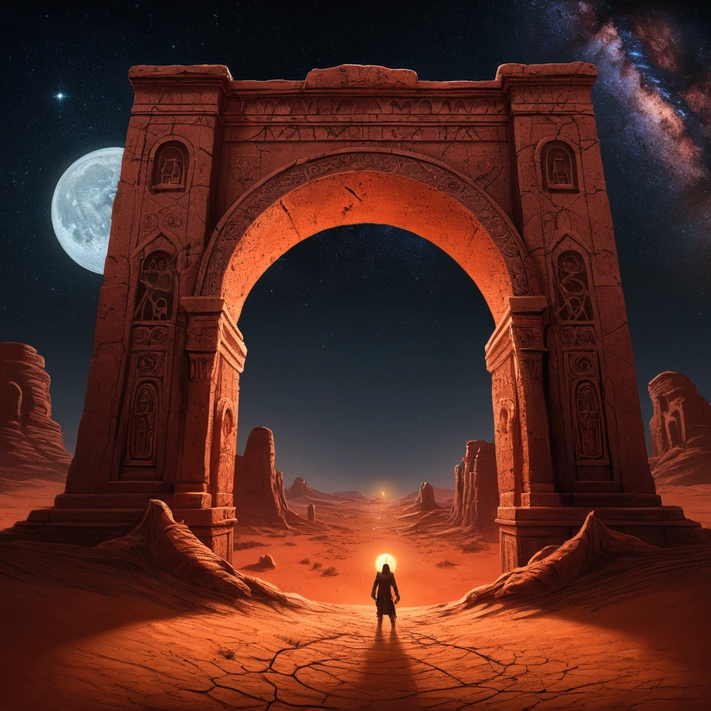landscape, A scorched earth, Red clay, Dimensional Gate, Demonic Energy, Web portals (Purpose), Giant arch with statues, particle, desert, night, Star, Volumetric Lighting, best quality, masterpiece, Hand drawn textures, Intricate details, Practical, writing 