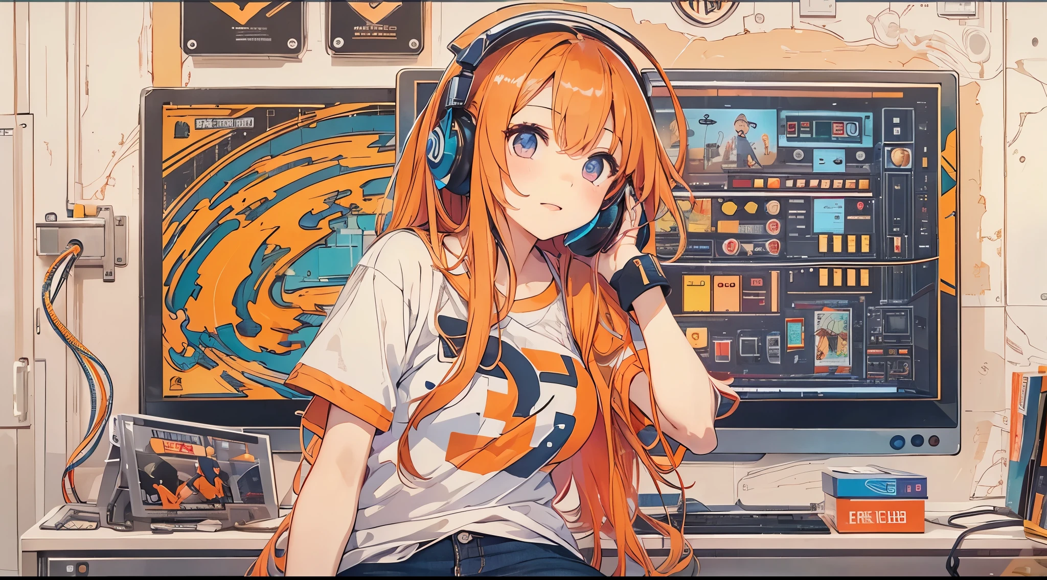 high resolution、One Girl、Wearing headphones、Logo T-shirt and hot pants、In the girl's room、Studying on a computer、Large monitor、Vibrant colors、Vivid Color、Warm shades、Full body images、Orange long hair、