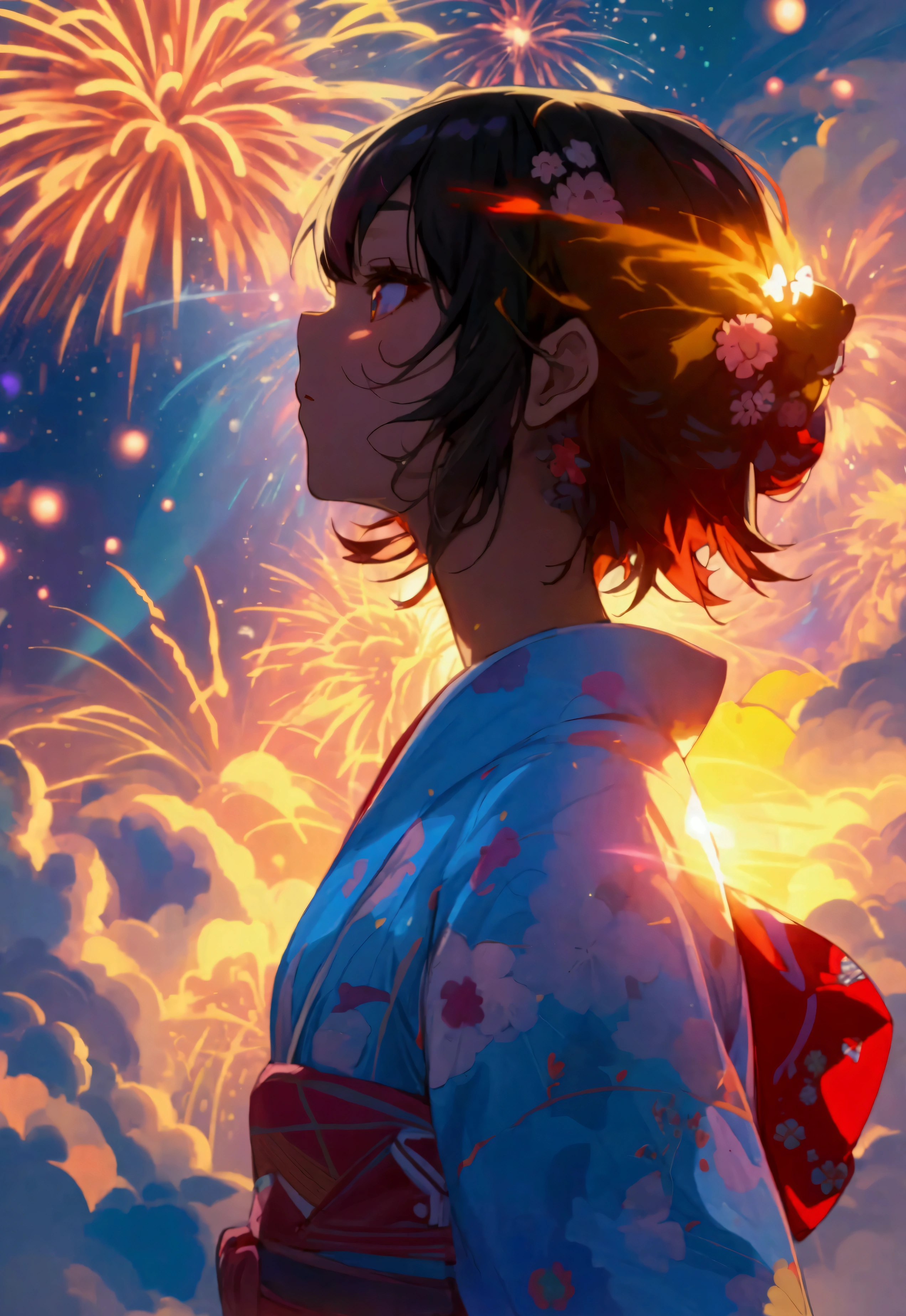 Anime girl's silhouette in yukata features vivid and fantastic fireworks, colorful geometric patterns and double exposure to the universe, fantastic contemporary art, digital illustrations, ultra-precision illustrations, high definition, dynamic angles, beautiful details, 8k,