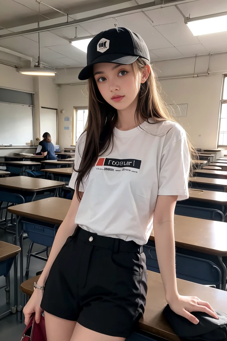 femme sexy et mince de 18 ans , black short sleeve short chandails, dans une salle de classe , casquette, ,jambe visible,se touche