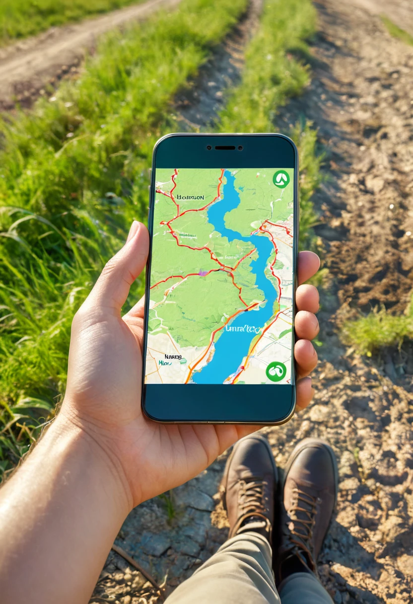 It's very realistic, with a smartphone in your hand and a map displayed on the smartphone screen, outdoors.