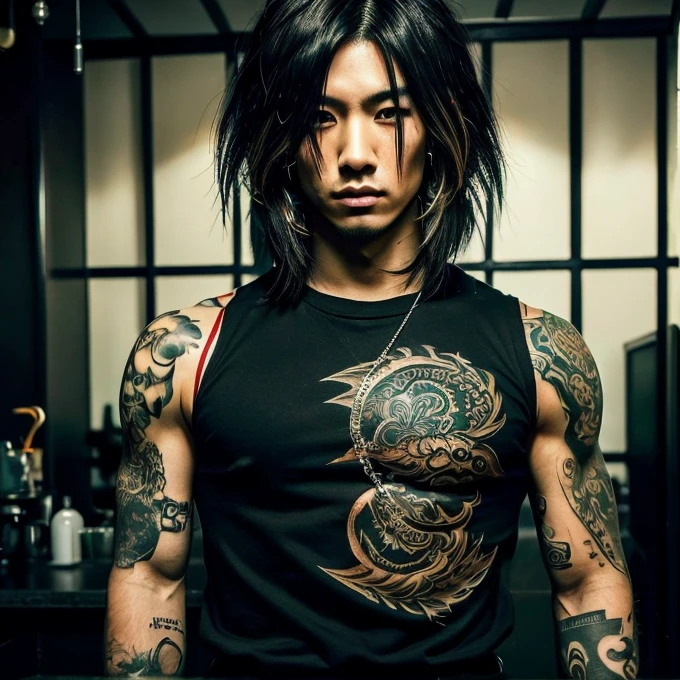 1 man, Japanese man, male, Asian eyes, muscular, broad shoulders, yakuza tattoos, hairstyle Visual Kei style, hair Visual Kei, black men's shirt and black pants, ultra detailed face, hyperrealistic, realistic representation, long hair, long hair, 30 years old, age 30 years, blond, blonde hair