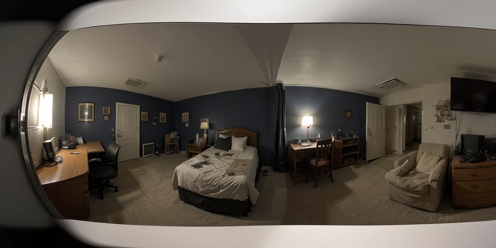 Equirectangular 360-degree panorama view photo with left and right ends seamlessly connected. dark, Tattered room
