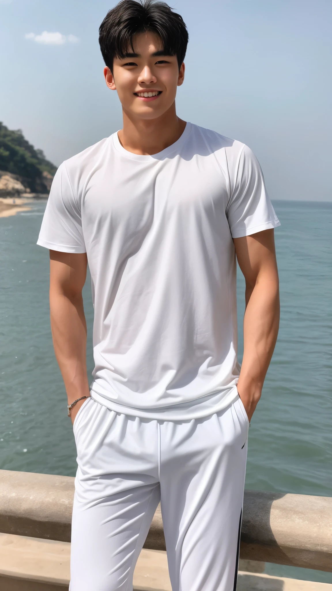 独奏: 1.5, (As a matter of fact, Masterpiece, 8k HD, good light quality, sportswear, fit the face, complicated details), A handsome Korean young man with muscular arms. , 20 years old, be happy, smile brightly, detailed face, delicate eyes, look at the sky, Wear a tight white t-shirt.:1.6, Long pants, period, black eyes, Black hair color, ผมsmooth, smooth, outdoor sports, By the sea, nighttime，Surreal，Awesome details，Highest quality，real，Open your mouth to talk. , Close your eyes.,Standing on the edge of the market 