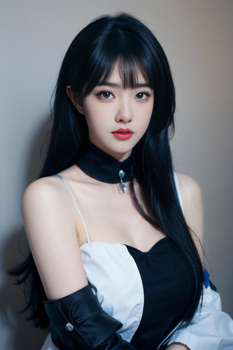 ulzzang-6500-v1.1,(raw photo:1.2),((photorealistic:1.30)), ((best quality)) ,((masterpiece)),((Ultra High Resolution)), ((Clear View)),,Ultra-high resolution,Clear face,（Reality：1.4) ,  illustration, an extremely delicate and beautiful, extremely detailed ,CG ,unity ,8k wallpaper, Amazing, finely detail, masterpiece,best quality,official art,extremely detailed CG unity 8k wallpaper,absurdres, incredibly absurdres, huge filesize, ultra-detailed, highres, extremely detailed,beautiful detailed girl, extremely detailed eyes and face, beautiful detailed eyes,light on face,cinematic lighting, ferpect lighting, 1girl, 独奏 , (blue hair:1.5), bangs, purple eyes, (upper body:1.5),see-through,(looking at viewer:1.5), indoor, acheron cosplay costume, cosplay, blue hair, very long hair, hair over one eye, shirt, asymmetrical clothes, singel sleeves, shorts, crop top, belt, tattoo, gloves, singel elbow glove, large breasts, breasts, cleavage, boots, knee boots, high heel boots,  standing,