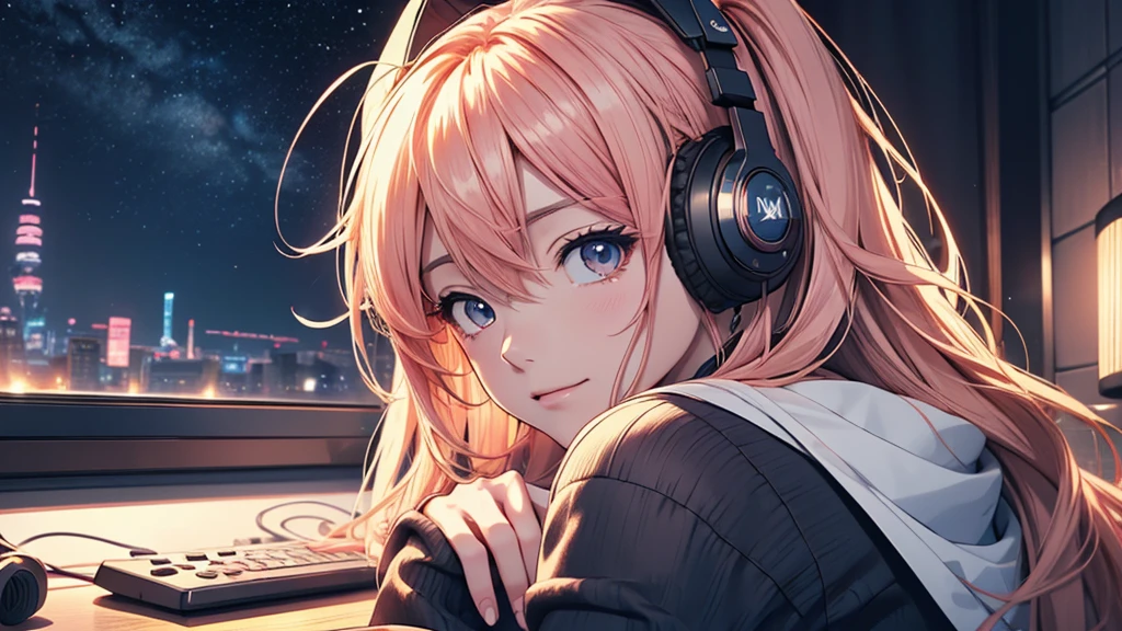 Woman wearing headphones, Anime Style 4 k, anime wallpaper 4k, anime wallpaper 4k, 4k anime wallpaper, anime art wallpaper 4k, anime art wallpaper 4k, Anime Style. 8K, Anime atmosphere, , Ultra HD Anime Wallpaper, Anime Art Wallpaper 8K, Anime Background,landscape、room、radio、radio、radioを聴いている、night、Starry Sky