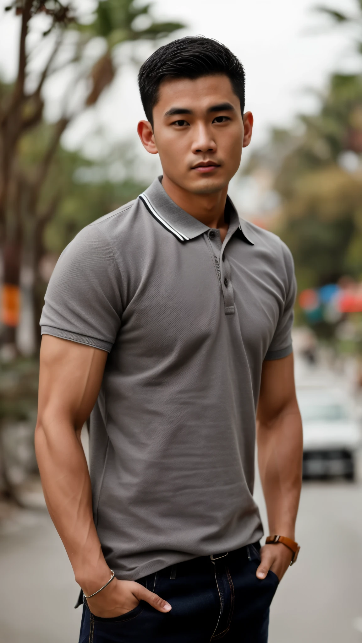 Thai man ,man,He is about 30 years old..,Rough and handsome appearance,large breastsj,Big waistline,buzz cut, angry, sullen, best quality, Masterpiece,(Have muscles:4.5),(best quality,high resolution,Masterpiece:1.2),The eyes are natural and delicate..,1 person,alone,gay asian,muscle,Long legs,brave,short hair details,conjunctivitis ,strong,brown eyes, (outdoor background road :1.5),in the market,sit (Grey Polo Shirt:1.3),Jeans