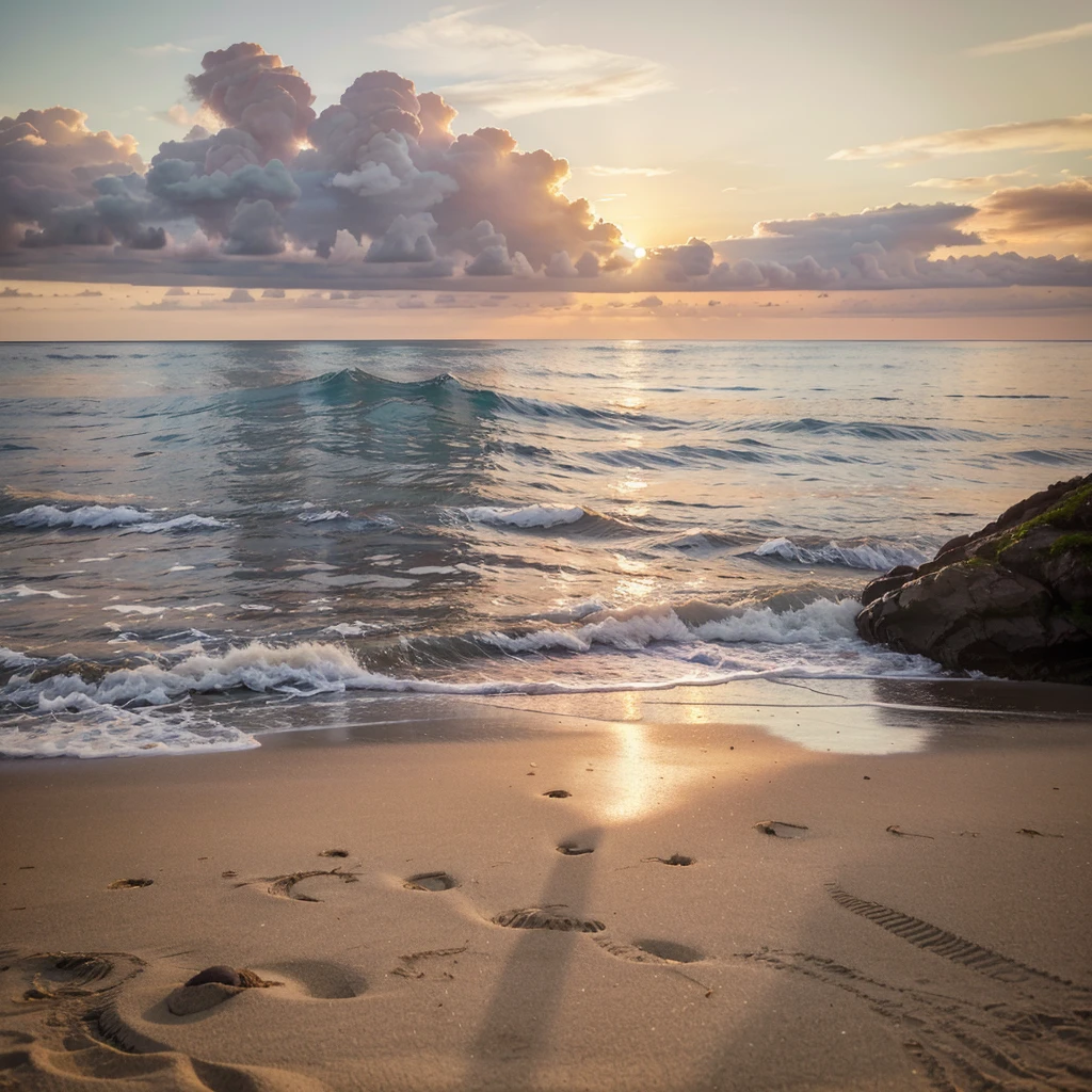 "Create a high-resolution, professional-quality image of a picturesque beach at sunrise. The scene should depict a pristine, sandy shoreline with gentle waves lapping against the shore. Include elements such as seashells and smooth pebbles scattered along the sand. In the foreground, capture a silhouetted figure practicing yoga or meditating, adding a sense of tranquility and mindfulness to the image. The sky should be painted with soft hues of pink, orange, and purple, reflecting on the calm ocean water. Palm trees and a distant rocky outcrop can frame the composition, enhancing the tropical feel. Ensure the image captures the serene beauty and peaceful ambiance of the beach at sunrise, making it ideal for travel, wellness, and lifestyle themes on stock photography platforms."