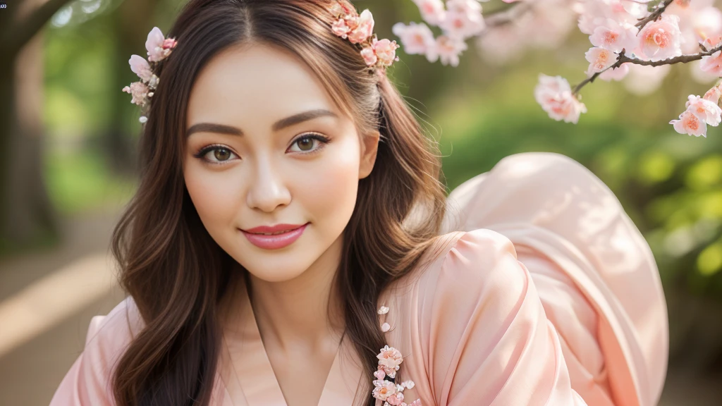 Superb Quality, Masterpiece, High Resolution, 1Girl, Blush, (Charming Smile: 0.8), Star Eyes, Chinese Hanfu, Hair Accessories, Jewelry, Beauty, on_body, Tyndall Effect, Realistic, Peach Blossom Forest, Light Edge, Two-tone Lighting, (High Detail Skin: 1.2), 8K UHD, DSLR, Soft Light, High Quality, Volume Lighting, Voyeur, Photo, High Resolution, 4K, 8K, Background Blur