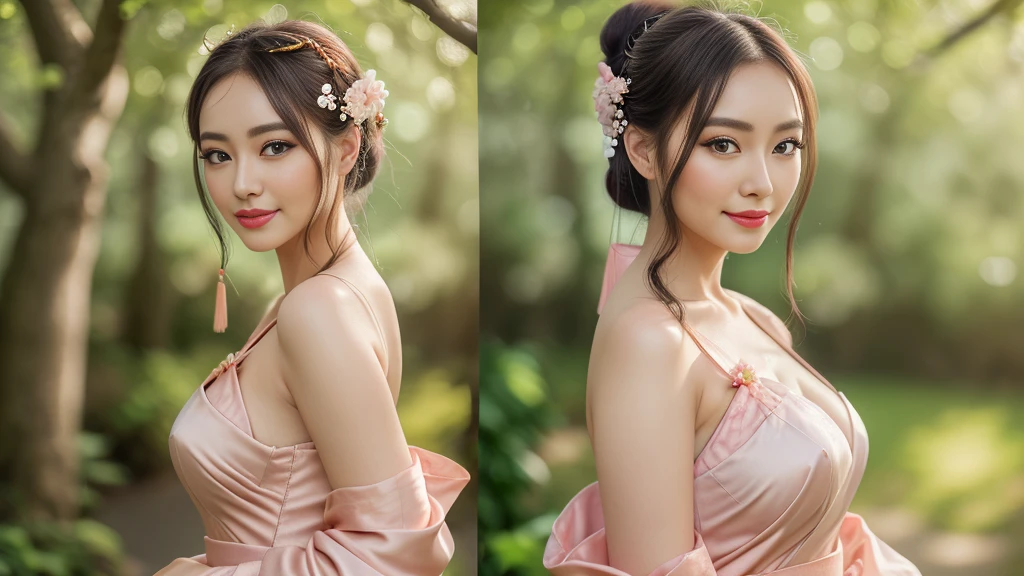 Superb Quality, Masterpiece, High Resolution, 1Girl, Blush, (Charming Smile: 0.8), Star Eyes, Chinese Hanfu, Hair Accessories, Jewelry, Beauty, on_body, Tyndall Effect, Realistic, Peach Blossom Forest, Light Edge, Two-tone Lighting, (High Detail Skin: 1.2), 8K UHD, DSLR, Soft Light, High Quality, Volume Lighting, Voyeur, Photo, High Resolution, 4K, 8K, Background Blur