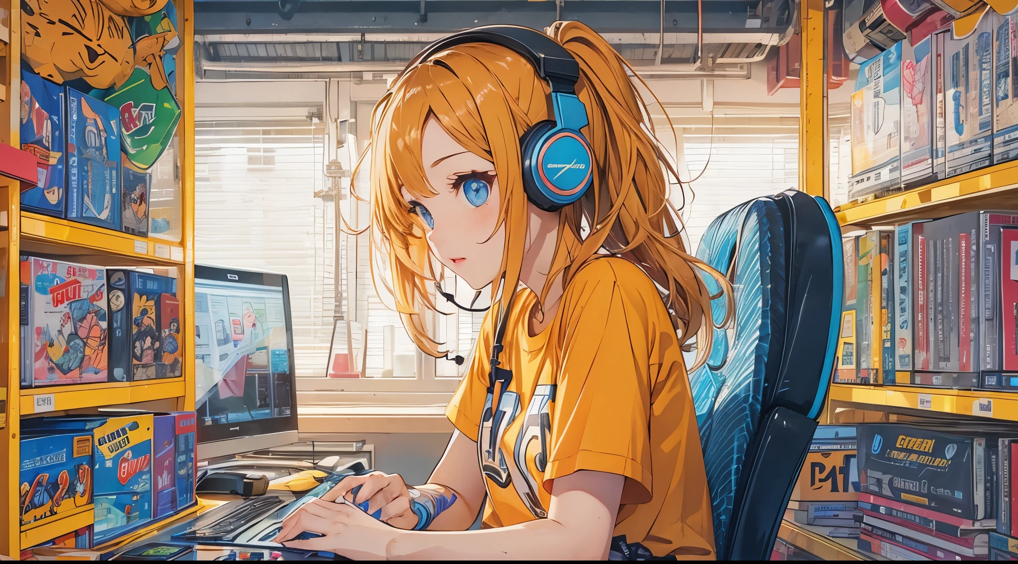 high resolution、One Girl、Wearing headphones、Logo T-shirt and hot pants、In the girl's room、Studying on a computer、Large monitor、Vibrant colors、Vivid Color、Warm shades、Full body images、Orange long hair、