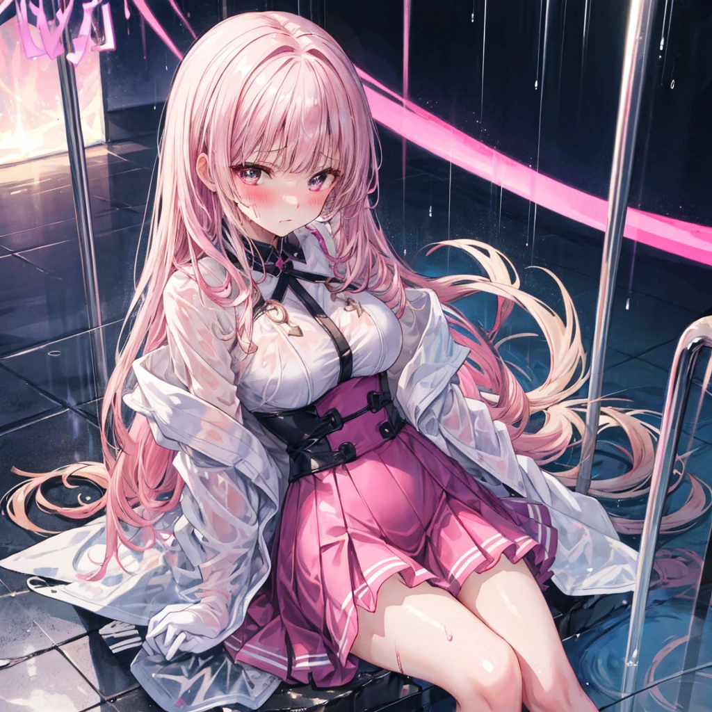 Full-body depiction on screen,　Very 　Very short stature　Very large breasts　Very large and swollen breasts　Two very large bulges in the chest　Blushed　Small Mouth　Clothes that got wet in the rain and became transparent　Clothes are wet with sweat and transparent　Shiny skin　衣類がRubber luster　smile　Frowning　Embarrassed expression　A very dark room in the middle of the night　Baby Face　clear　Pathetic　beautiful girl　Background of the auction venue　Hot pink round bed rubber　Sitting　Wet and see-through shocking pink long sleeve rubber　A shocking pink rubber super long skirt that becomes transparent when wet　super curly hair　Super long sideburns　A shocking pink rubber frill dress that becomes transparent when wet　A shocking pink rubber super long skirt that becomes transparent when wet　Wet and see-through shocking pink rubber stockings　Shocking pink rubber extra long gloves that become transparent when wet　　hot pink garter belt　Beautifully decorated clothing　Patheticなbeautiful girl　Big eyes　Big eyes　Droopy eyes　Shocking Pink Rouge　Shocking pink rubber long boots that become transparent when wet　My whole body is wet with sweat　The whole body is wet from rain　See-through clothing　Platinum blonde super long hair　The skin is wet with sweat　My skin is shining with the rain.　Sweat makes clothes stick to the skin　Rubber luster　See-through late night　moonlight

