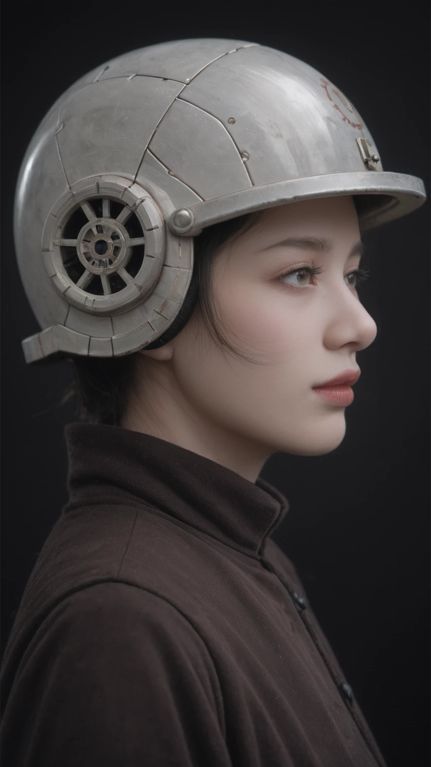 realistic,score_9, score_8_up, score_7_up, 
1girl,solo,cowboy shot, robotic ,  helmet, weathered, rusted, large circular eyes, glowing, enigmatic, haunting, patchwork body, mechanical parts, gears, tubes, aged metals, corroded materials, Side view, 