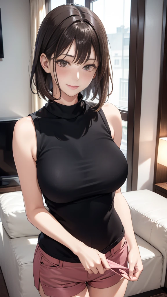 4k-ultra sharp、1 Woman Standing, /(Sleeveless knit shirt/) /(hot pants/), Mature Woman, /(Black Hair/) bangs, A gentle blushing smile, (Masterpiece Top quality:1.2) Delicate illustrations, super detailed, Big Break /(Modern house living room/)