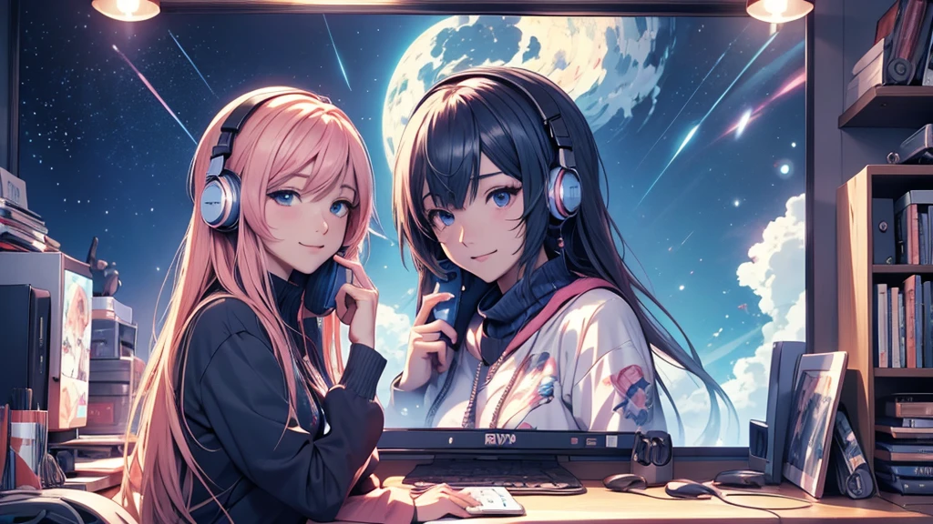 Woman wearing headphones, Anime Style 4 k, anime wallpaper 4k, anime wallpaper 4k, 4k anime wallpaper, anime art wallpaper 4k, anime art wallpaper 4k, Anime Style. 8K, Anime atmosphere, , Ultra HD Anime Wallpaper, Anime Art Wallpaper 8K, Anime Background,landscape、room、radio、radio、radioを聴いている、night、Starry Sky